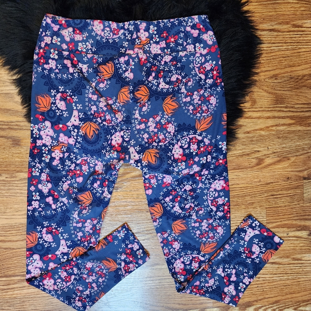 Lularoe Navy Blue, Pink, Orange & White Floral Tall & Curvy Leggings